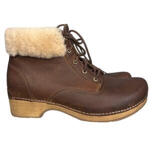 Dansko Bailee Sheep Fur Winter Boots Stacked Heel Cognac Leather SZ 10.5 Winter